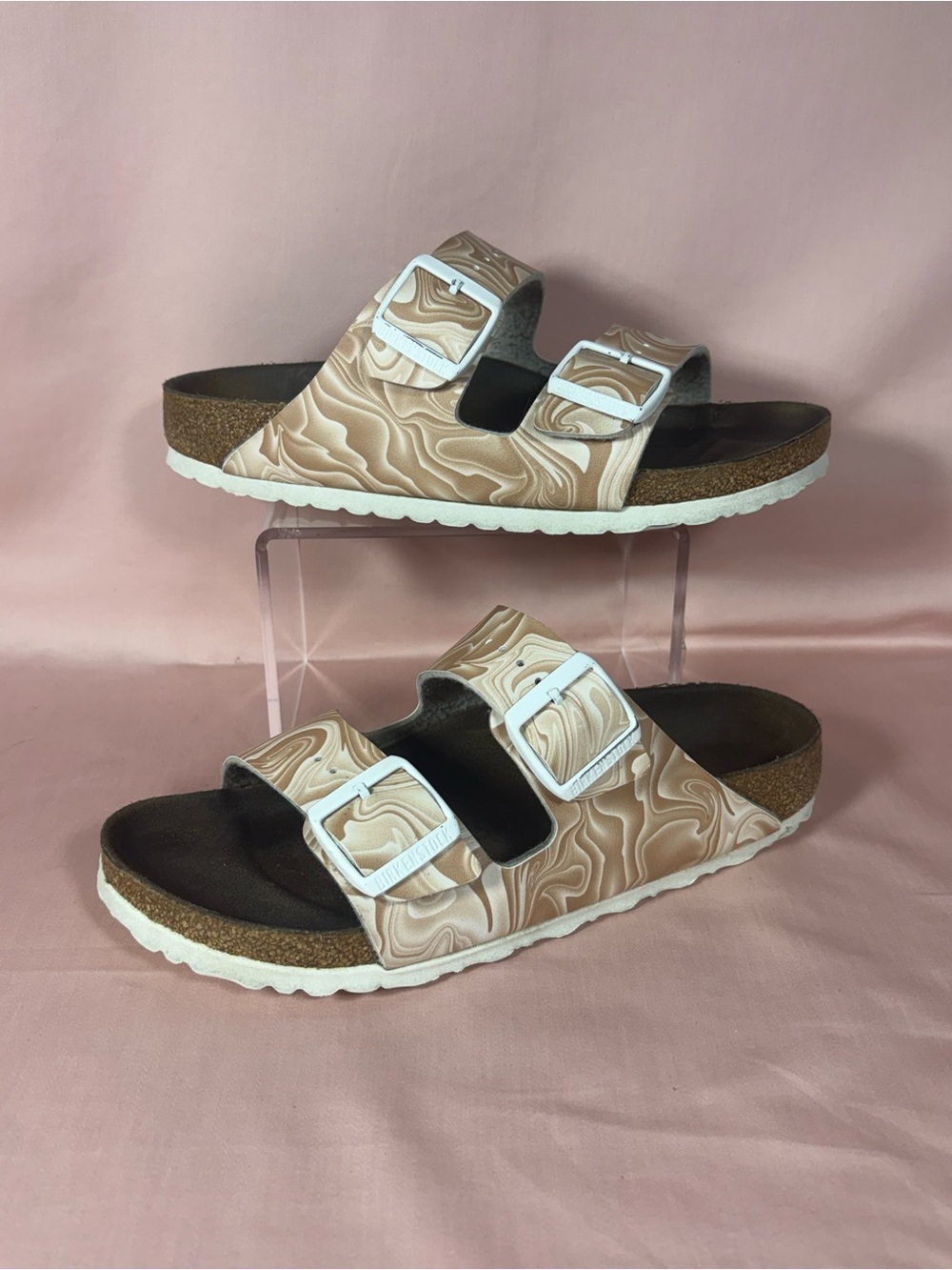 Birkenstock Arizona Birko-flor Marble Swirl Tan/White Sandals W's 38/US 7 - 7.5